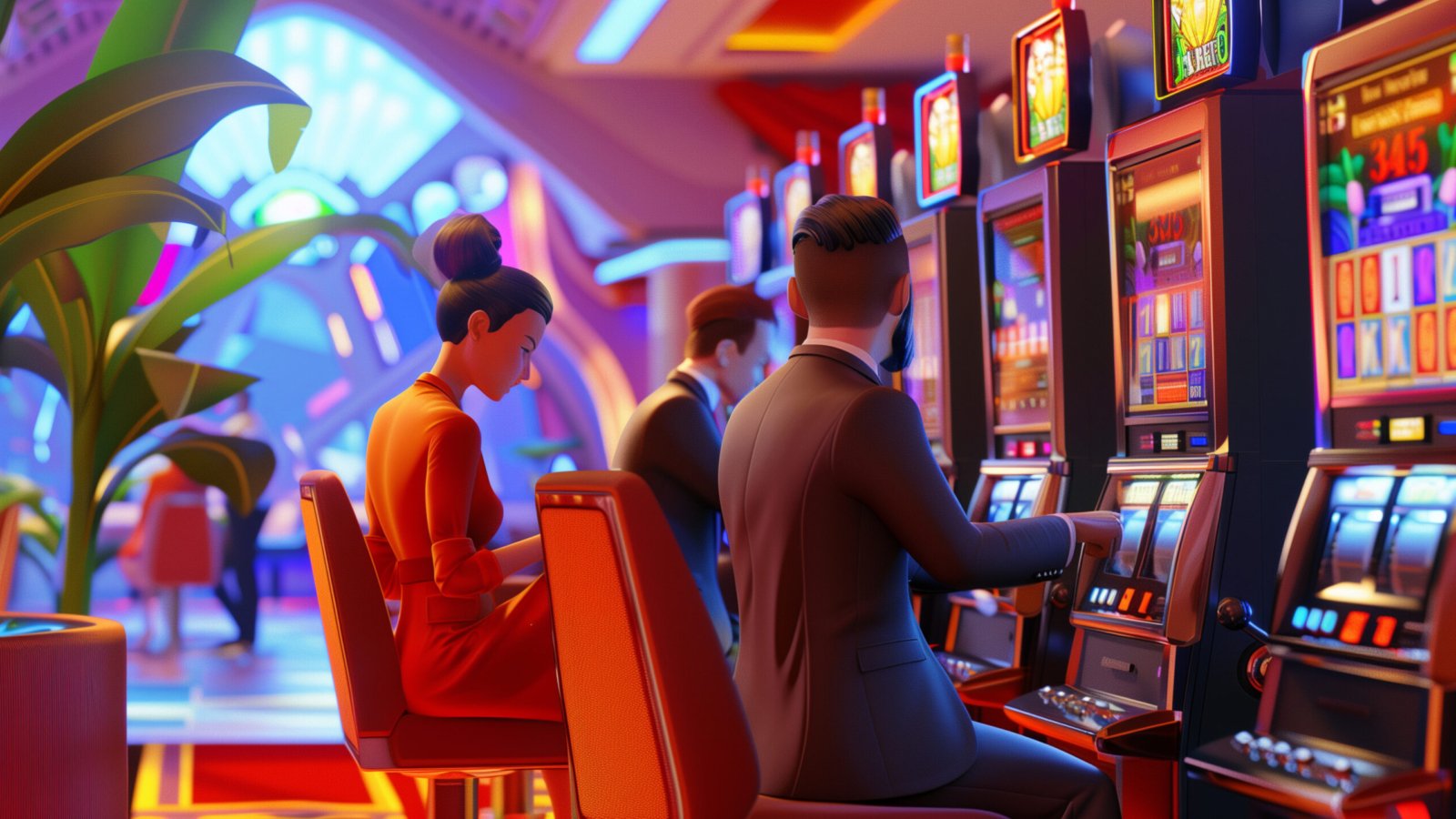 three people formal suit are playing slot machines in an open space casino, in the style of 3D cartoon character design, 3d icon clay render, casino background, minimalism, 8K --ar 16:9 Job ID: b74fb3a7-f062-4215-aa94-4278bad30231