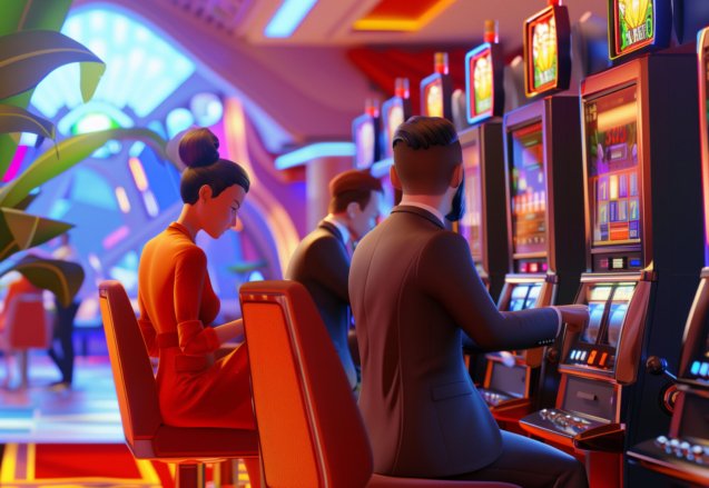 three people formal suit are playing slot machines in an open space casino, in the style of 3D cartoon character design, 3d icon clay render, casino background, minimalism, 8K --ar 16:9 Job ID: b74fb3a7-f062-4215-aa94-4278bad30231