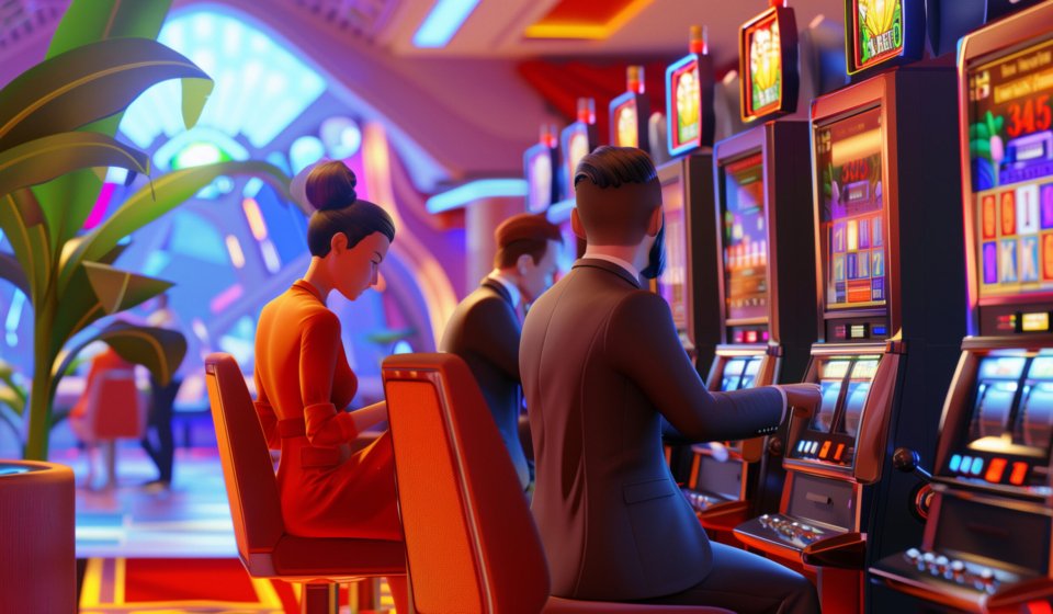 three people formal suit are playing slot machines in an open space casino, in the style of 3D cartoon character design, 3d icon clay render, casino background, minimalism, 8K --ar 16:9 Job ID: b74fb3a7-f062-4215-aa94-4278bad30231